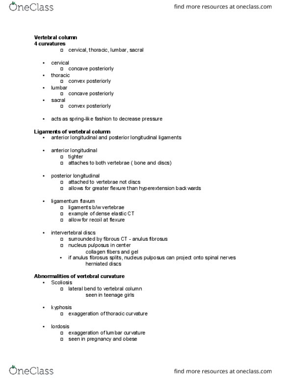 EHS 160 Lecture Notes - Lecture 8: Intervertebral Disc, Ligamenta Flava, Scoliosis thumbnail