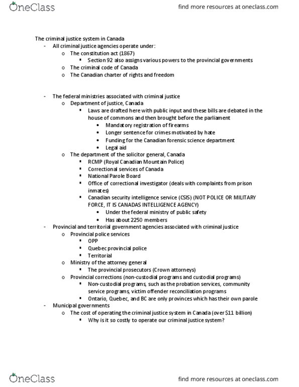 Sociology 2253A/B Lecture Notes - Lecture 2: Canadian Security Intelligence Service, Parole Board Of Canada, Forensic Science thumbnail