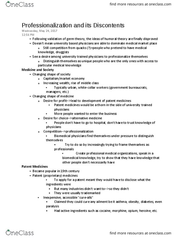 HISTORY 70F Lecture Notes - Lecture 16: Samuel Hahnemann, Patent Medicine, Cinchona thumbnail