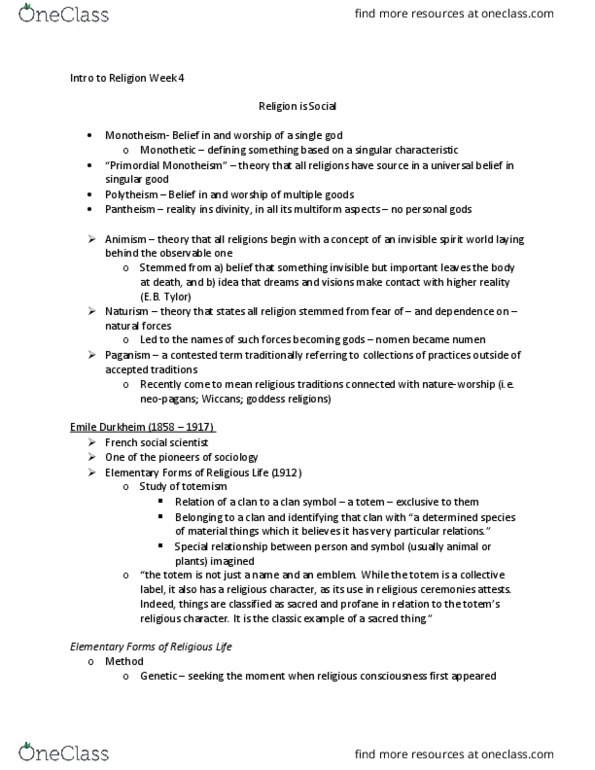 RELG 101 Lecture Notes - Lecture 4: Christian Symbolism, Numen, Pantheism thumbnail