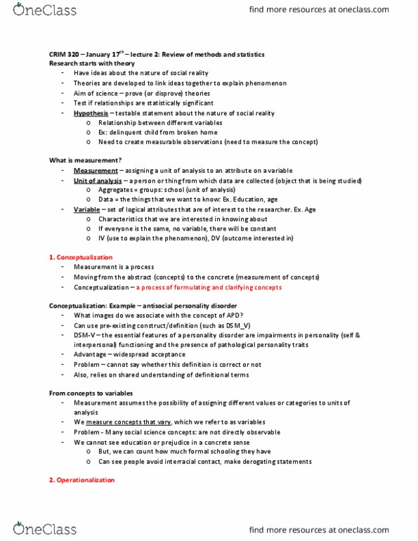 CRIM 320 Lecture Notes - Lecture 2: Antisocial Personality Disorder, Theoretical Definition, Operationalization thumbnail