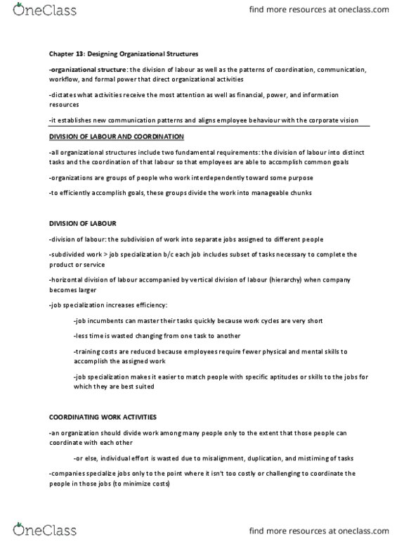 MHR 505 Chapter Notes - Chapter 13-14: Hierarchical Organization, Departmentalization, Organizational Learning thumbnail