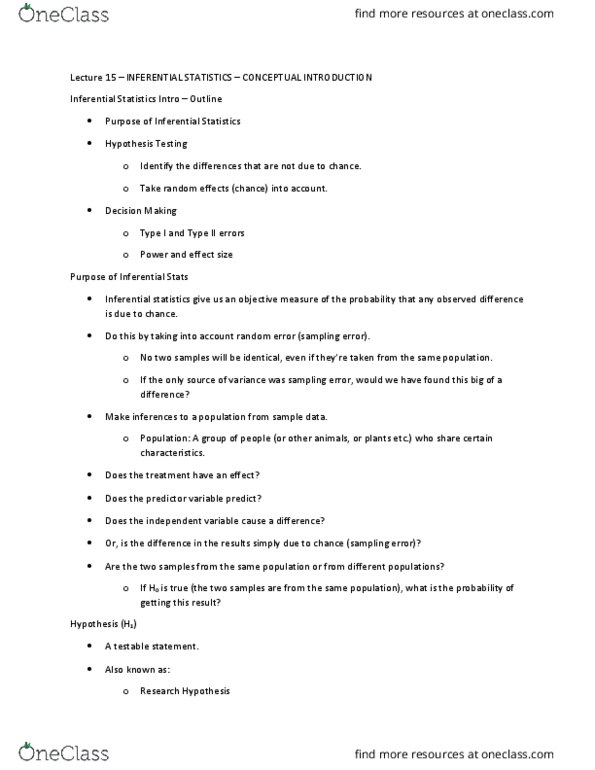 PSC 41 Lecture Notes - Lecture 15: Statistical Inference, Type I And Type Ii Errors, Null Hypothesis thumbnail