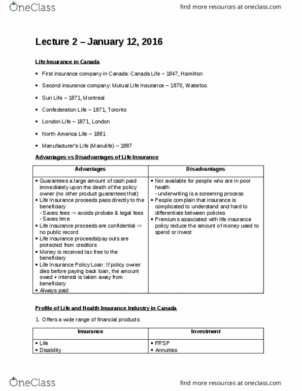 MTHEL131 Lecture Notes - Lecture 2: Life Insurance, Confederation Life, Manulife thumbnail