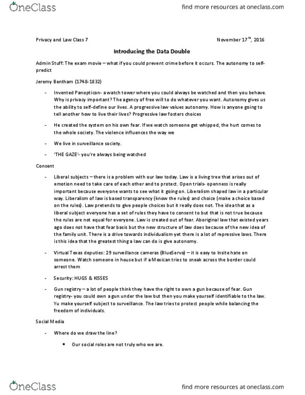 LASO 3365 Lecture Notes - Lecture 7: Jeremy Bentham, Mass Surveillance, Consumer Protection thumbnail
