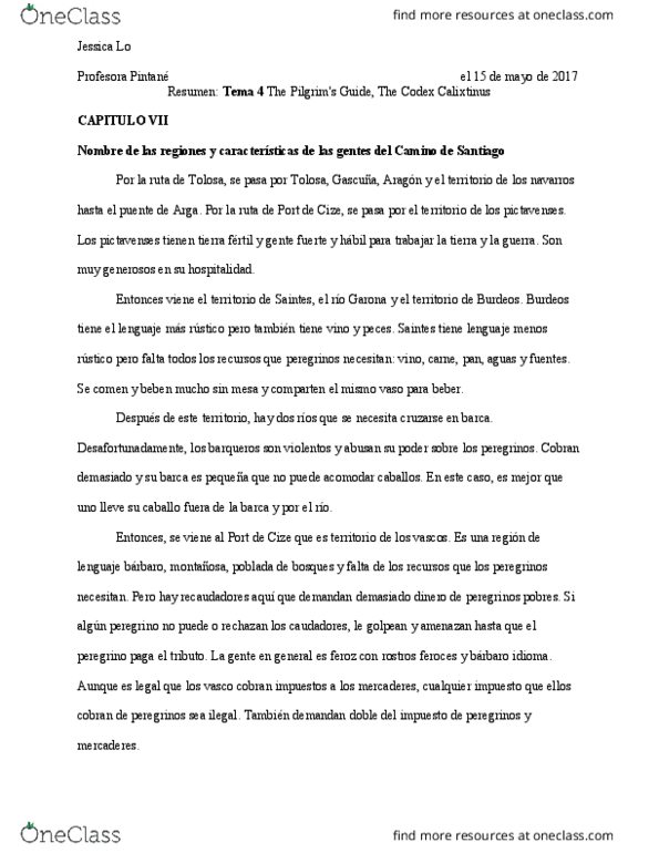SPAN 3325 Lecture Notes - Lecture 4: Camino De Santiago, Codex Calixtinus, Nsb El 15 thumbnail