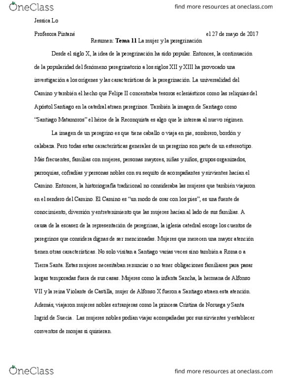 SPAN 3325 Lecture Notes - Lecture 11: Camino De Santiago, La Catedral, Alfonso X Of Castile thumbnail