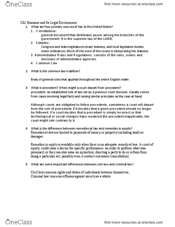 BUS 200 Chapter Notes - Chapter 1: Rescission, Specific Performance thumbnail