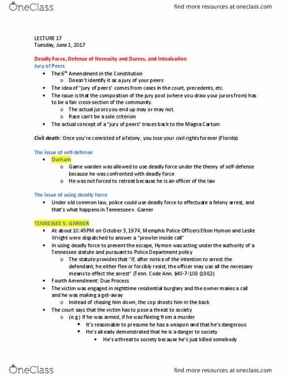 CRM/LAW C144 Lecture Notes - Lecture 17: Model Penal Code, Deadly Force, Civil Death thumbnail