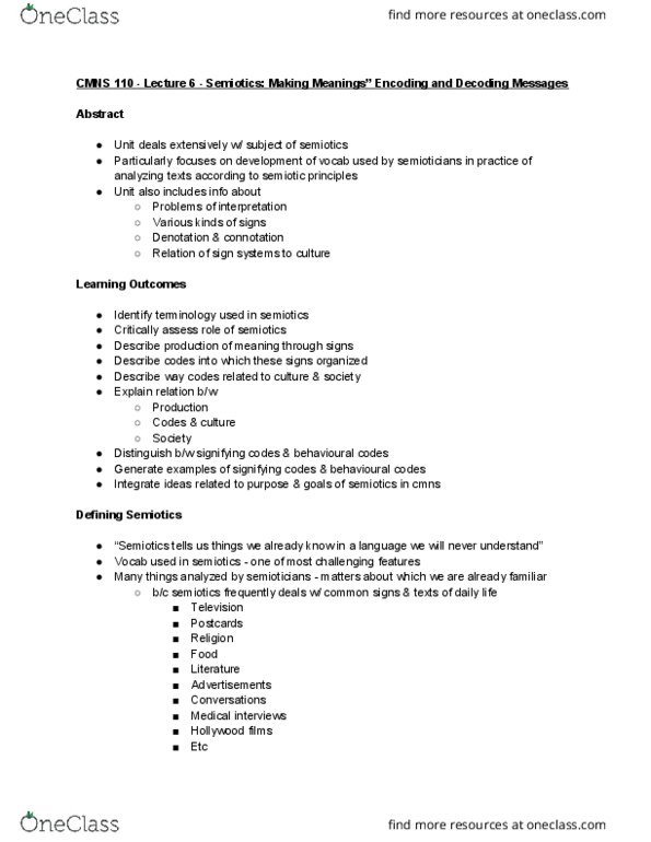 CMNS 110 Lecture Notes - Lecture 6: Roland Barthes, Sign System, Margarine thumbnail