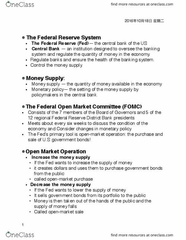 ECON 1100 Lecture Notes - Lecture 13: Federal Open Market Committee, Federal Reserve System, Openmarket thumbnail