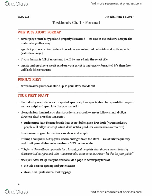 MAC 213 Chapter Notes - Chapter 1: Medium Shot, Screenwriting Software, Zip Code thumbnail