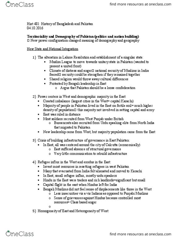 HIST 481 Lecture Notes - Lecture 3: Bengali Muslims, India-West, Lahore Resolution thumbnail