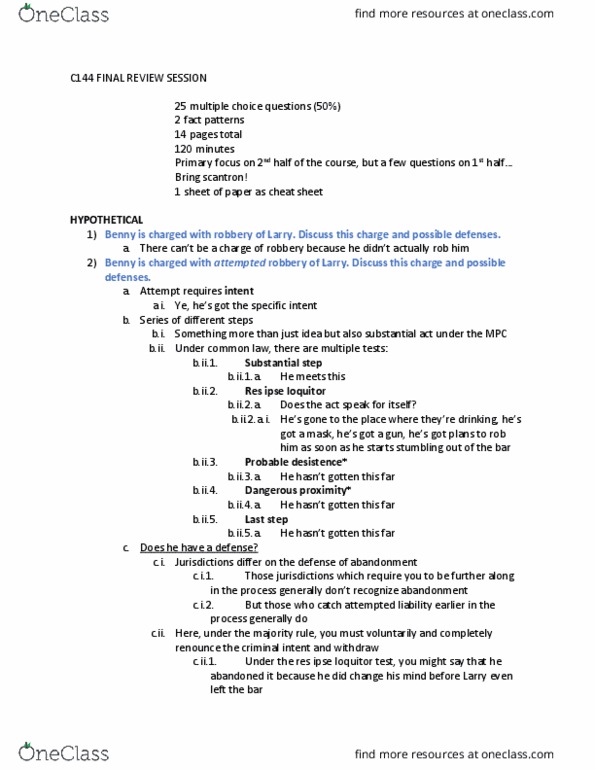 CRM/LAW C144 Lecture Notes - Lecture 20: Model Penal Code, Scantron Corporation, Clean Hands thumbnail