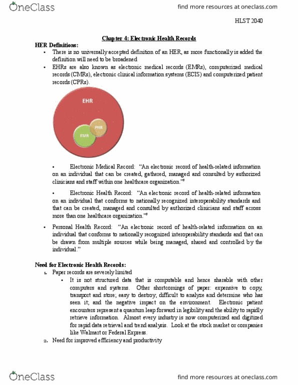 HLST 2040 Chapter Notes - Chapter 4: Electronic Health Record, Personal Health Record, Computerized Physician Order Entry thumbnail