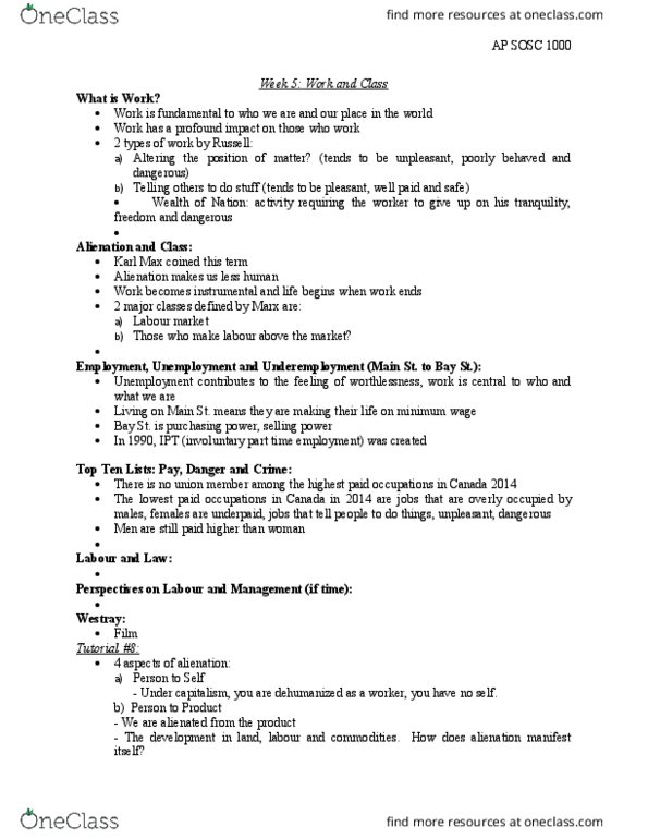 SOSC 1000 Lecture Notes - Lecture 9: Underemployment thumbnail