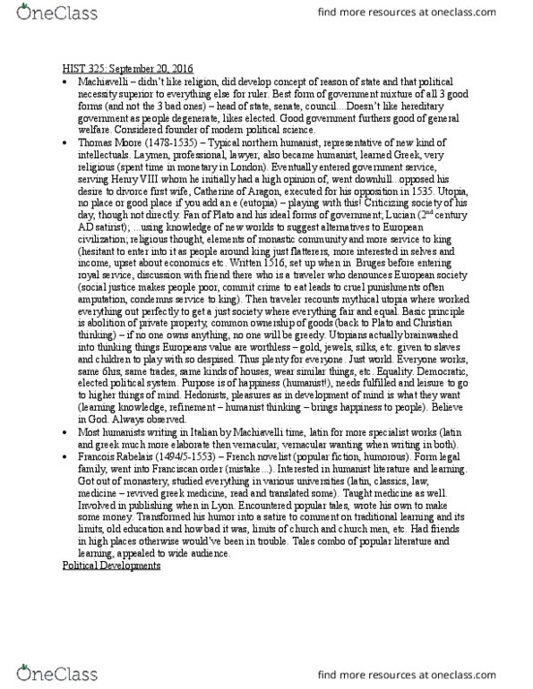 HIST 325 Lecture Notes - Lecture 1: Utopia, Nationstates, Middle Ages thumbnail