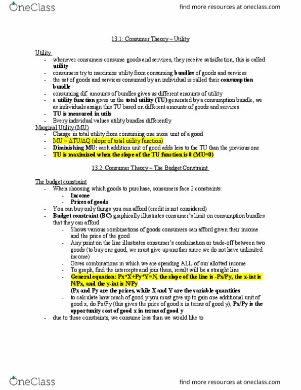 ECON 1B03 Chapter Notes - Chapter 13: Budget Constraint, Utility, Opportunity Cost thumbnail