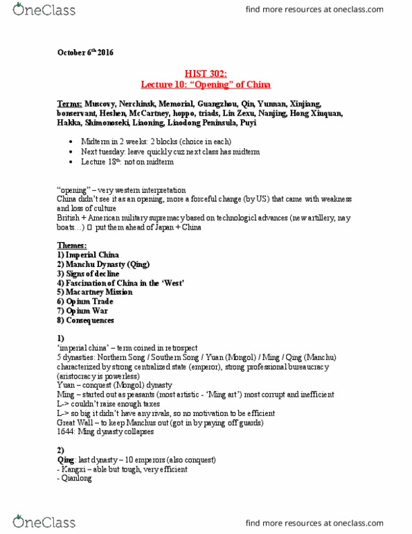 HIST 302 Lecture Notes - Lecture 10: Ming Dynasty, Hong Xiuquan, Liaodong Peninsula thumbnail