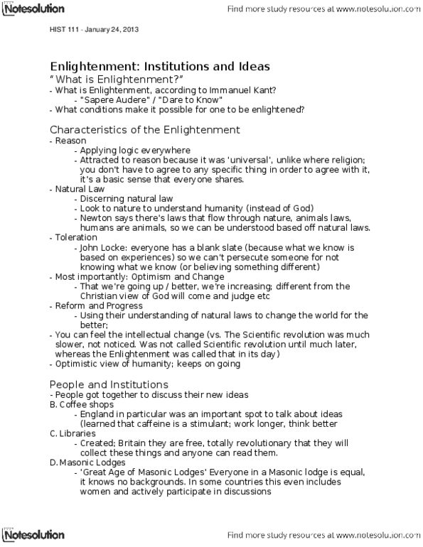 HIST111 Lecture Notes - Denis Diderot, Immanuel Kant, Tabula Rasa thumbnail