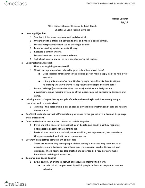 SOCY 1004 Chapter Notes - Chapter 3: Informal Social Control, Rulemaking, Social Control thumbnail