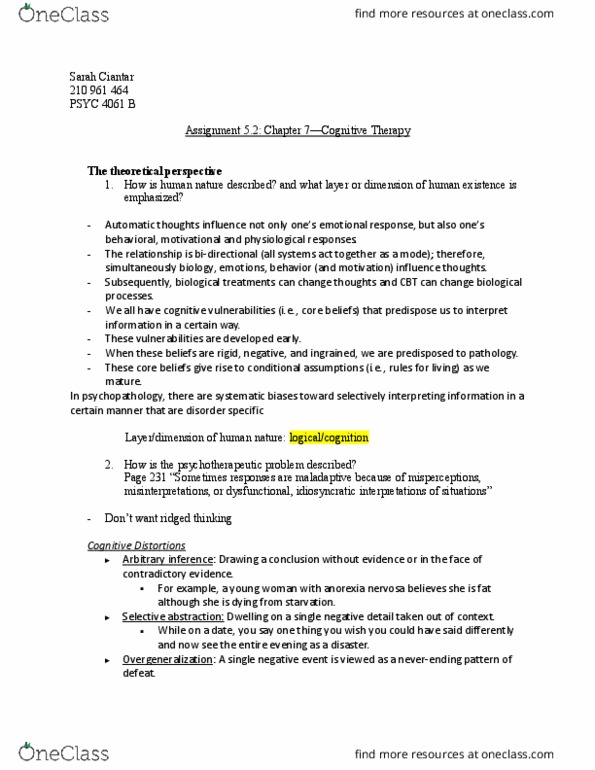 PSYC 4061 Lecture Notes - Lecture 5: Cognitive Therapy, Socratic Dialogue, Cognitive Distortion thumbnail