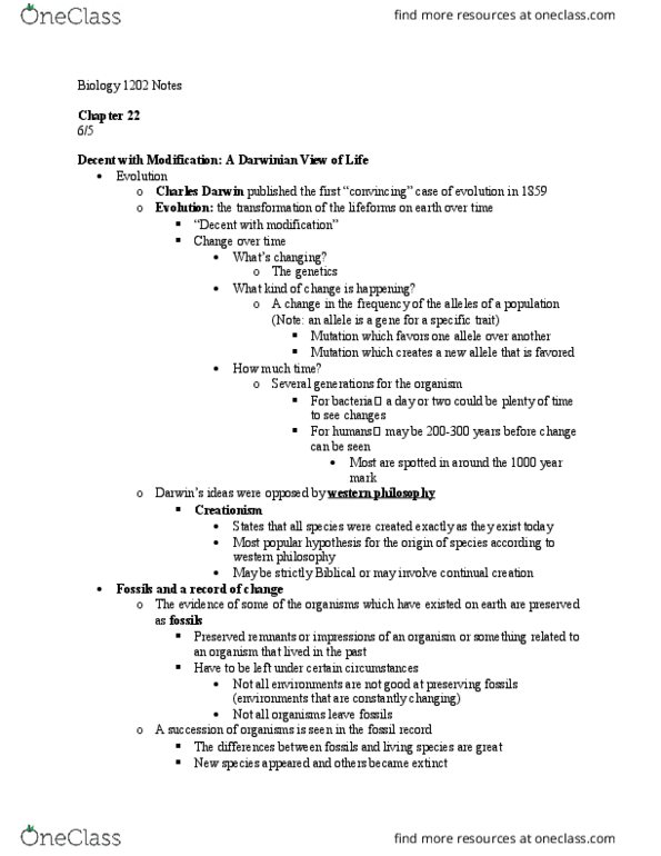 BIOL 1202 Lecture Notes - Lecture 1: Uniformitarianism, Catastrophism, Mutation thumbnail