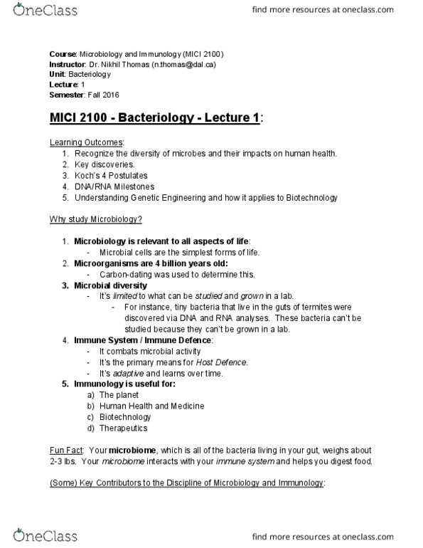 MICI 2100 Lecture Notes - Lecture 1: Beer Engine, Antonie Van Leeuwenhoek, Bunsen Burner thumbnail