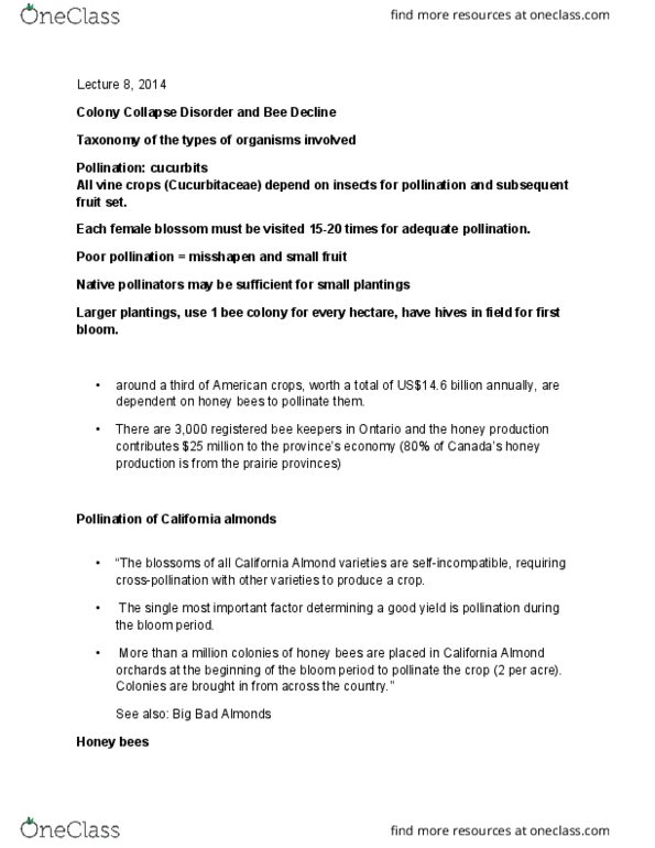 BIOL 1050 Lecture Notes - Lecture 8: Colony Collapse Disorder, Bee Hives, Western Honey Bee thumbnail