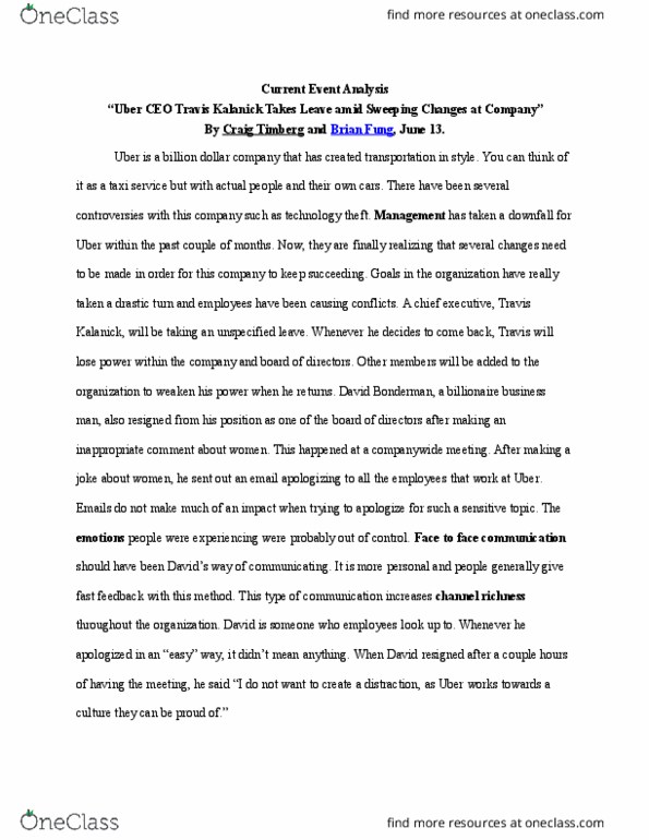 MGMT 3661 Chapter Notes - Chapter 1-15: Travis Kalanick, David Bonderman, The Emotions thumbnail