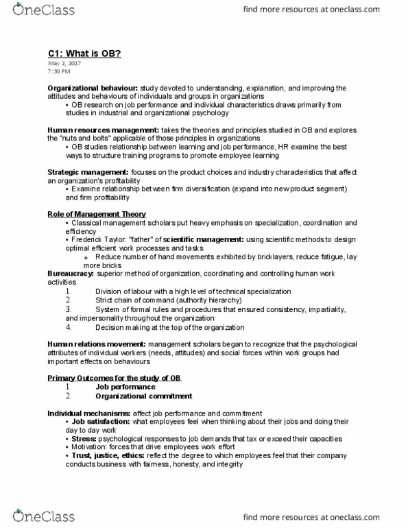 AFM280 Chapter Notes - Chapter 1: Human Relations Movement, Human Resource Management, Job Performance thumbnail