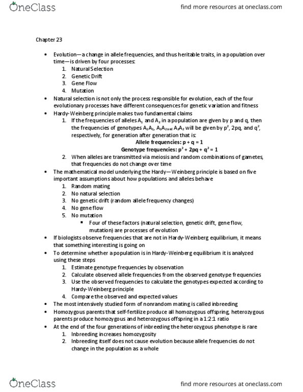 BISC208 Chapter Notes - Chapter 23: Natural Selection 2, Allele Frequency, Genotype Frequency thumbnail