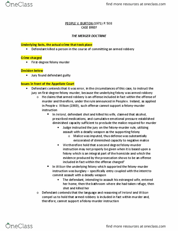 CRM/LAW C144 Chapter Notes - Chapter BURTON, FORD, and HINES: Felony Murder Rule, Diminished Responsibility, Prescription Drug thumbnail