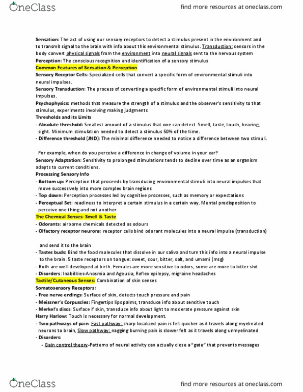 PSY 105 Lecture Notes - Lecture 4: Olfactory Receptor, Absolute Threshold, Psychophysics thumbnail