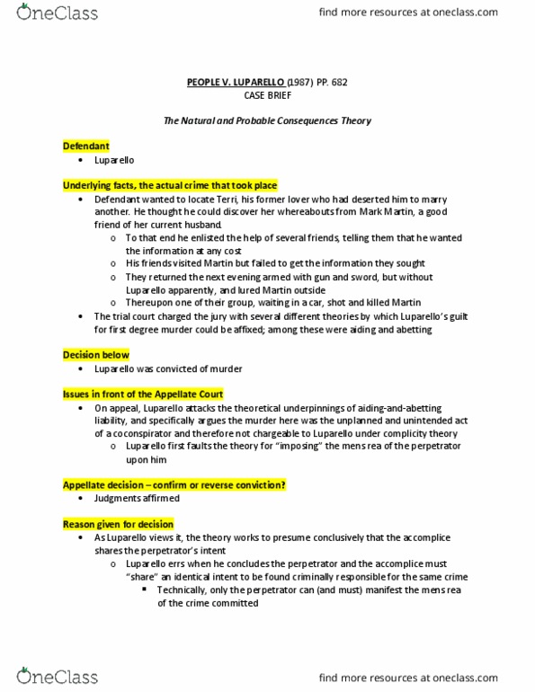 CRM/LAW C144 Chapter Notes - Chapter PEOPLE V LUPARELLO: Mens Rea, Consistency thumbnail