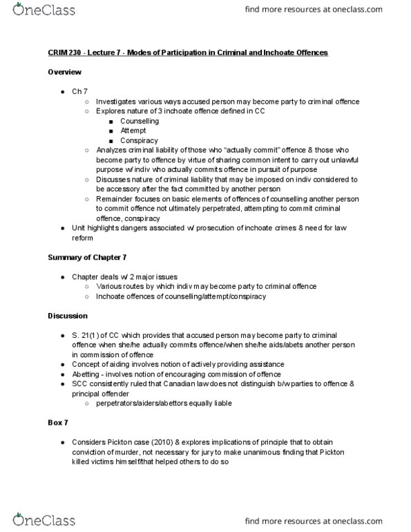 CRIM 230 Lecture Notes - Lecture 7: Inchoate Offense, Bc Missing Women Investigation, Actus Reus thumbnail