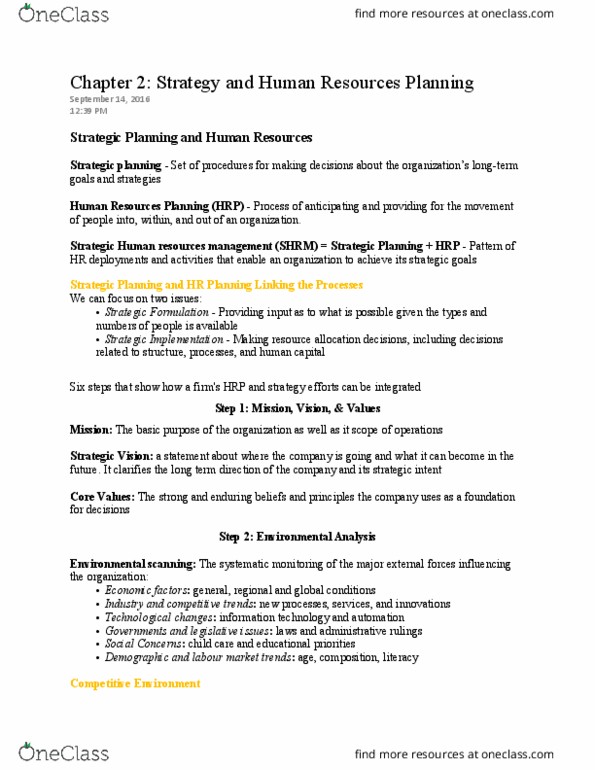HRM 2600 Lecture Notes - Lecture 2: Human Resource Management, Strategic Planning, Society For Human Resource Management thumbnail