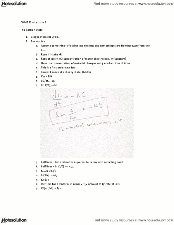 CHM310H1 Lecture Notes - Lecture 6: Carbon Cycle, Rate Equation, Photosynthesis thumbnail