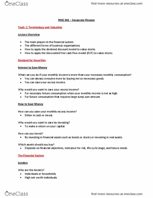 FINE 342 Lecture Notes - Lecture 1: Dividend Discount Model, Sole Proprietorship, Stock Market thumbnail