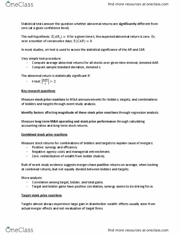 FINE 434 Lecture Notes - Lecture 5: Abnormal Return, Takeover Target, Event Study thumbnail