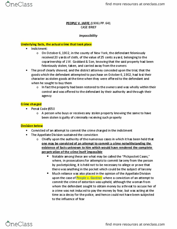 CRM/LAW C144 Chapter Notes - Chapter PEOPLE V JAFFE: Larceny, Extortion thumbnail