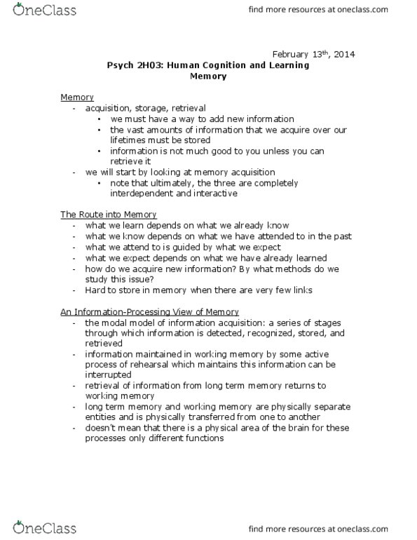 PSYCH 2H03 Lecture Notes - Lecture 2: Memory Rehearsal, Long-Term Memory, Working Memory thumbnail