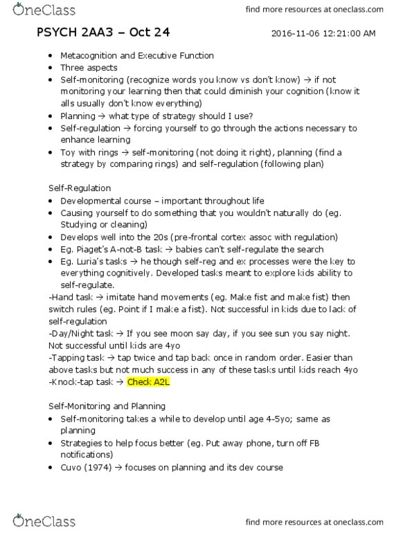 PSYCH 2AA3 Lecture Notes - Lecture 13: Shopping List, Prefrontal Cortex, Metacognition thumbnail