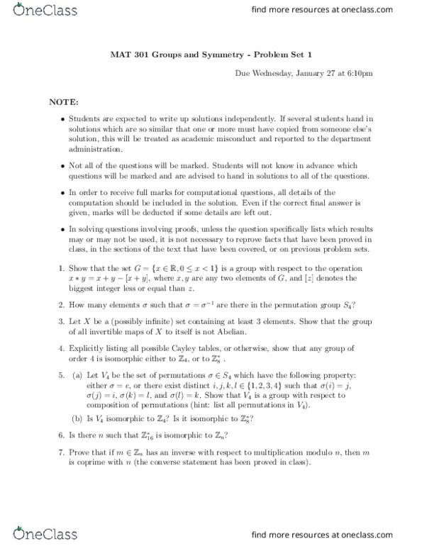 MAT301H1 Lecture Notes - Lecture 1: Permutation Group, Coprime Integers thumbnail