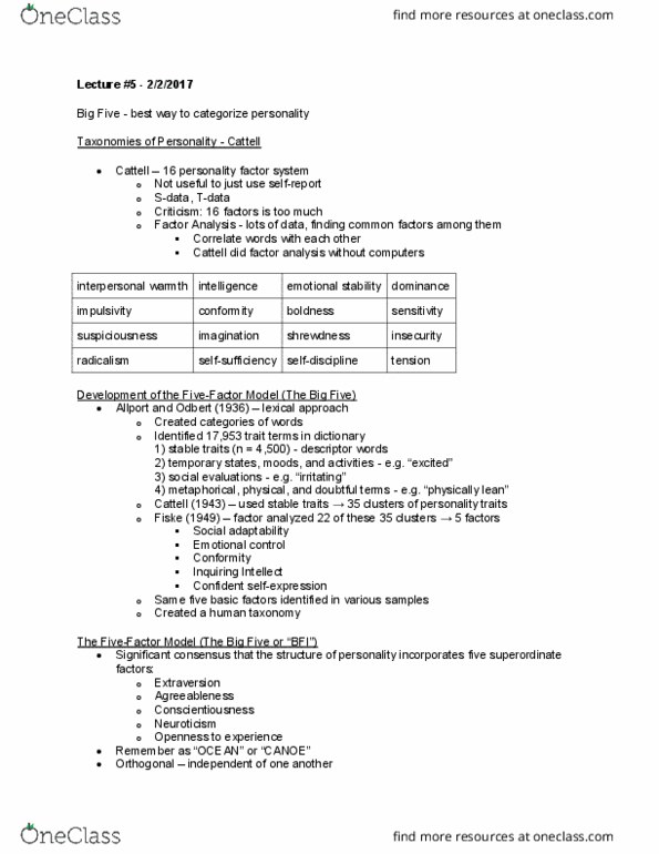 01:830:338 Lecture Notes - Lecture 7: Human Taxonomy, Agreeableness, Conscientiousness thumbnail