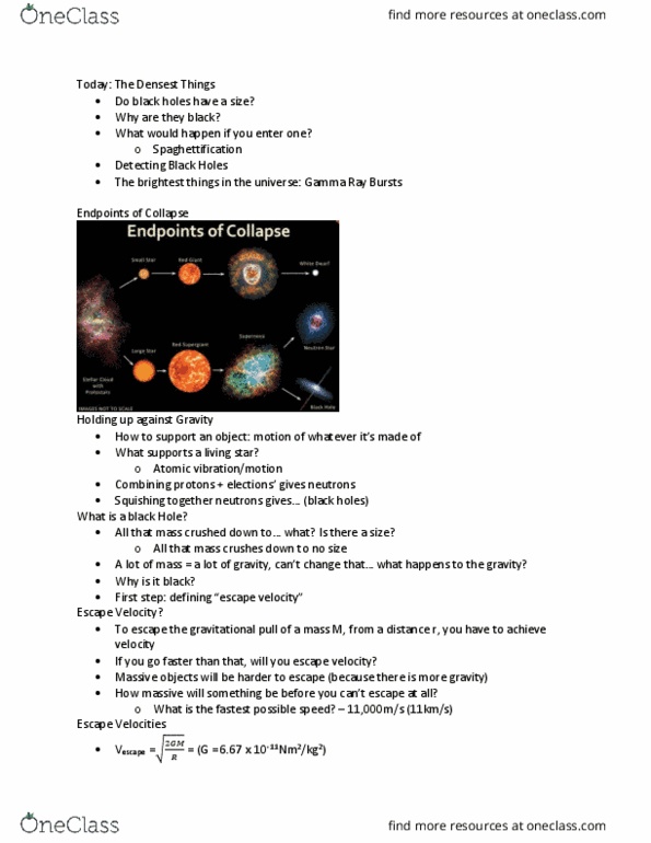 PCS 181 Lecture Notes - Lecture 9: Supermassive Black Hole, Stellar Black Hole, Schwarzschild Radius thumbnail