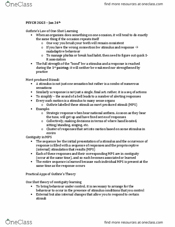 PSYCH 2GG3 Lecture Notes - Lecture 3: Contiguity, Connectionism, Reinforcement thumbnail