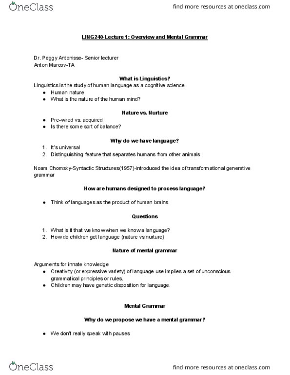 LING 240 Lecture Notes - Lecture 1: Transformational Grammar, Human Nature, Sarcasm thumbnail