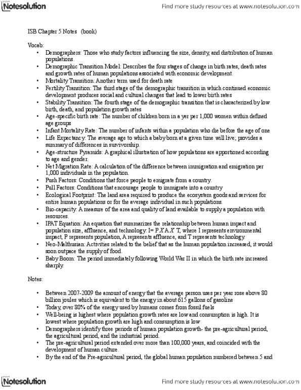 ISB 202 Chapter Notes - Chapter 5: Carrying Capacity, Biocapacity, Exponential Growth thumbnail