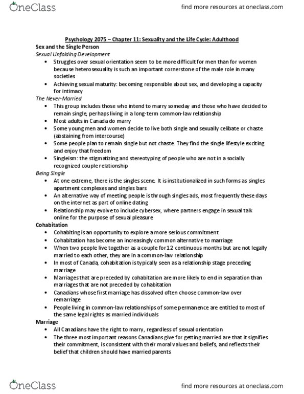 Psychology 2075 Chapter Notes - Chapter 11: Human Sexual Activity, Married People, Cybersex thumbnail